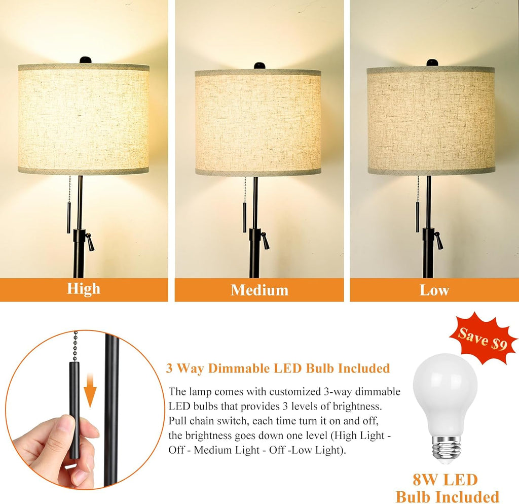 Qingmiao Adjustable Height Floor Lamp for Living Room, Black Standing Lamp for Bedroom Office, Modern Tall Lamp with Linen Shade, 3-Way…