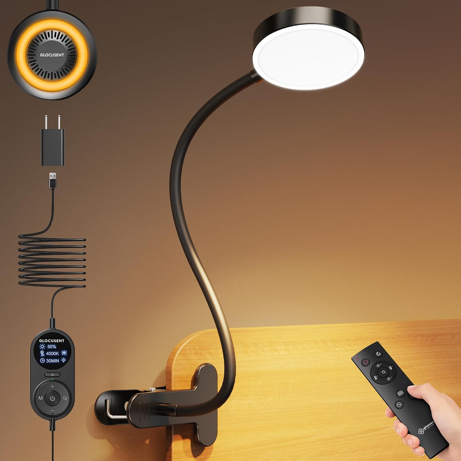 Glocusent 72 LED Clip on Lamp with Remote, Reading Light with Amber Ring, 3 Colors & 5 Dimmable Bed Lamp, 30/60-Min Auto Off Timer, Clamp…
