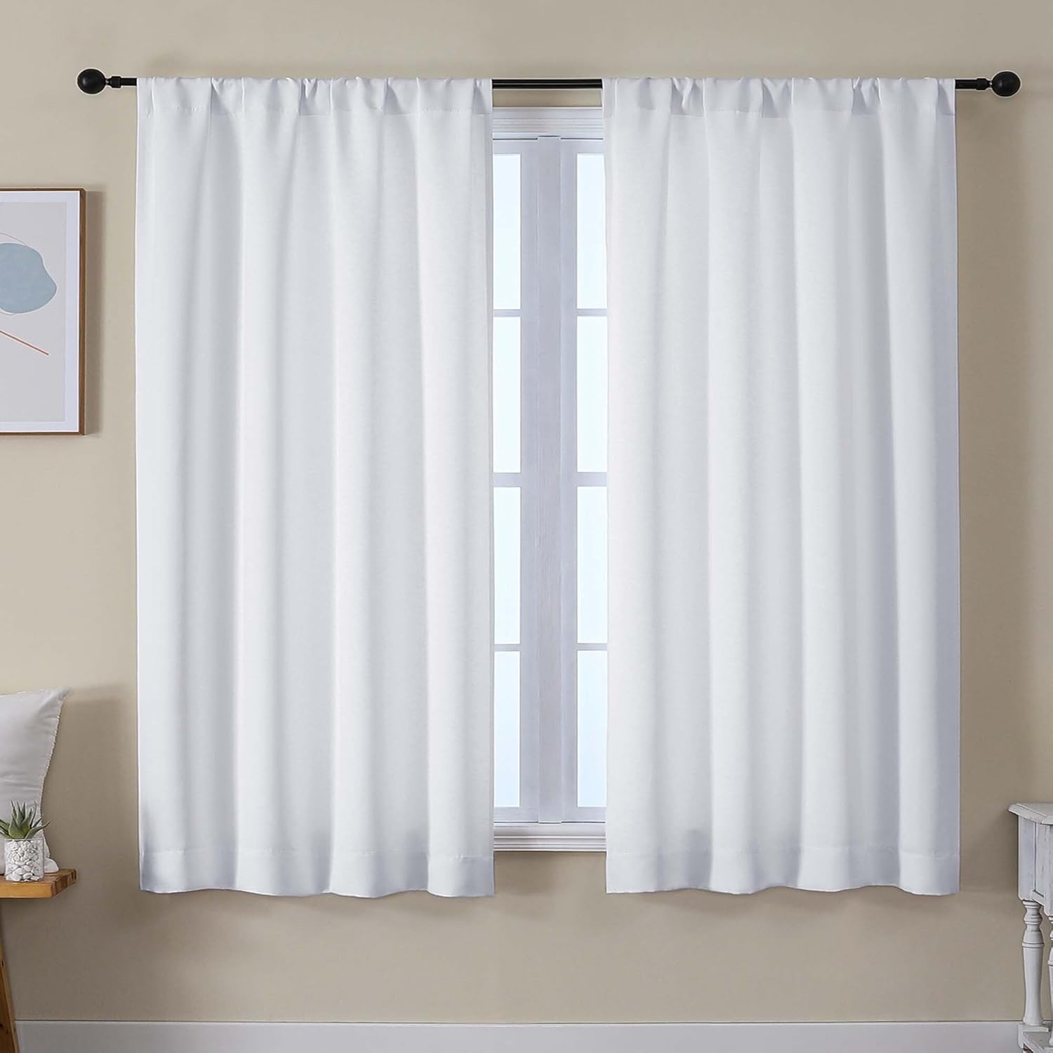 Simplebrand Ava Pure White Light Filtering Curtains for Bedroom 63 Inch Length 2 Panels Set, Solid Thermal Insulated Privacy Living Room Wi…