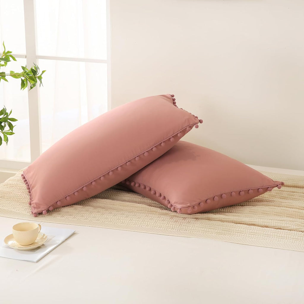 Moveover Bean Paste Pink Pom Poms Pillowcases, Standard Queen Pillow Cases Set of 2, 100% Washed Microfiber, Pink Ball Fringe Pillow Cover,…
