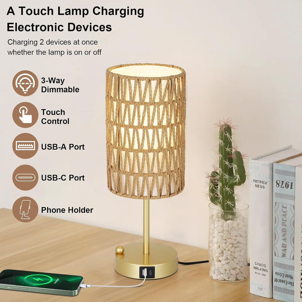 Gold Table Lamp for Bedroom with Bulb, Small Touch Control Table Lamp for Living Room with Rattan & Linen Shade, 3 Way Dimmable Bedside…