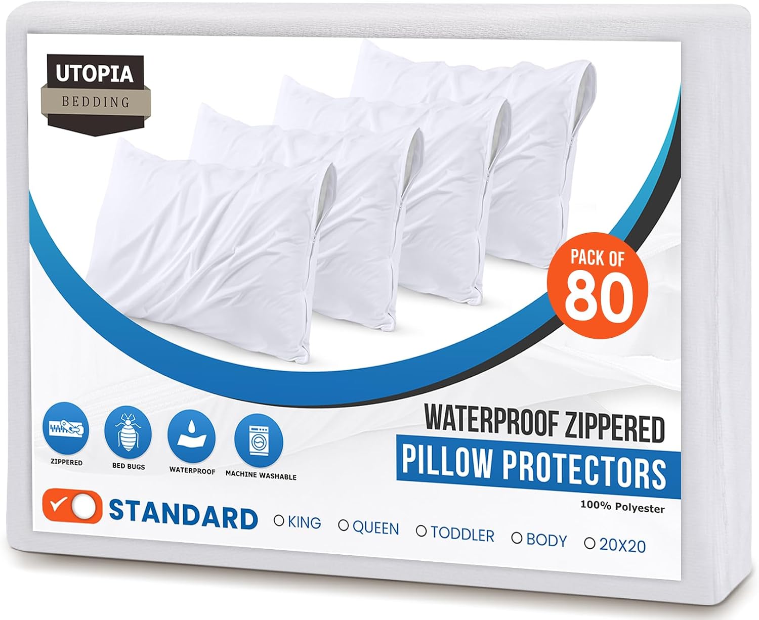 Utopiabedding Utopia Bedding 80 Pack Waterproof Pillow Protectors with Zipper Standard Size (White), Bed Bug and Dust Mite Proof Pillow cas…