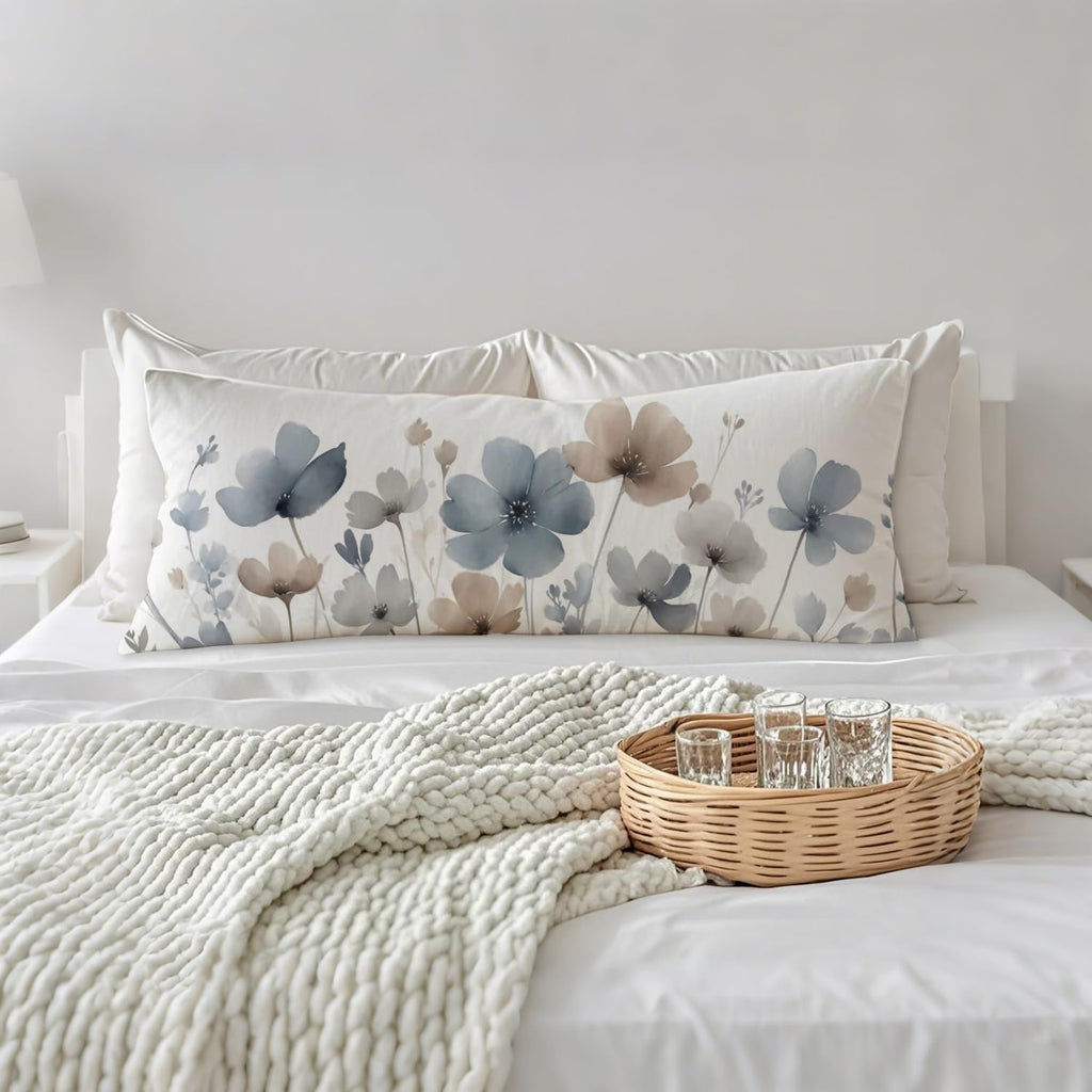 Vintage Watercolor Floral 20x54 Body Pillow Cover, Floral Room Decor, Abstract Blue Gray and White Flowers Botanical Decorative Long Body…