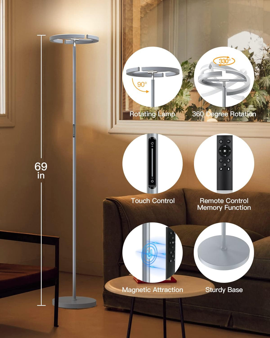 SIBRILLE Silver Floor Lamps for Living Room, Stepless Dimmable Standing Lamp with Touch Remote Control, 22W Rotatable LED Floor Light…