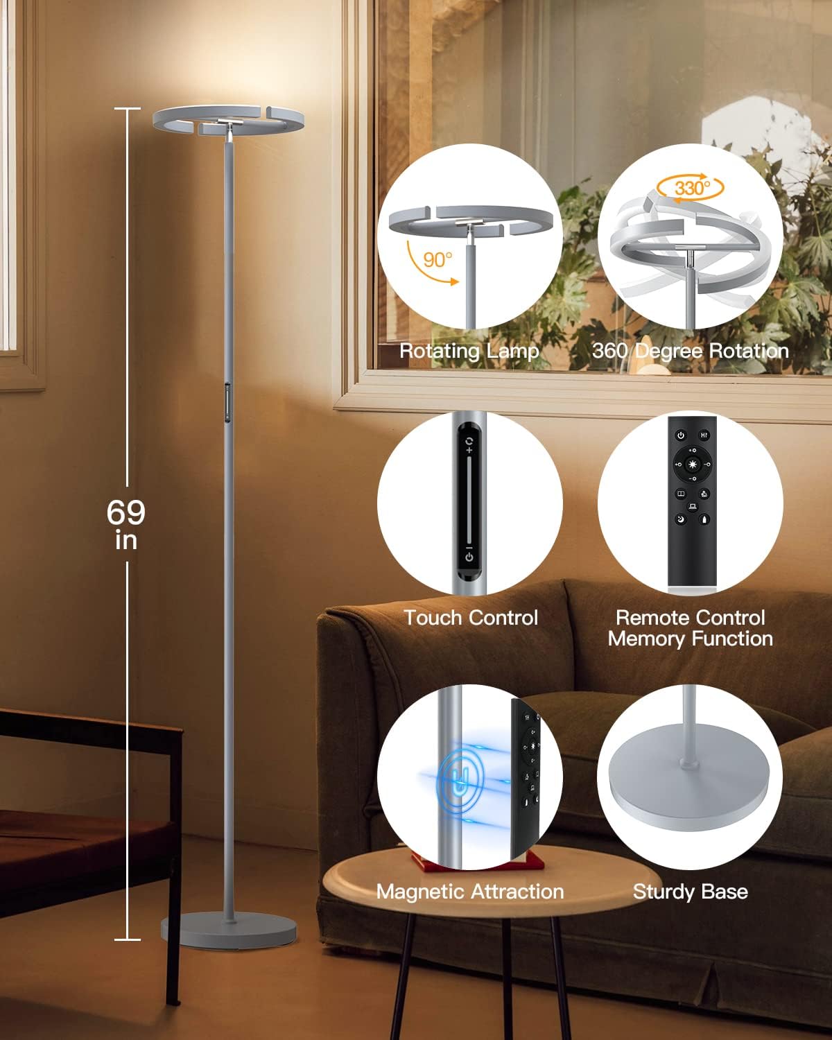 SIBRILLE Silver Floor Lamps for Living Room, Stepless Dimmable Standing Lamp with Touch Remote Control, 22W Rotatable LED Floor Light…