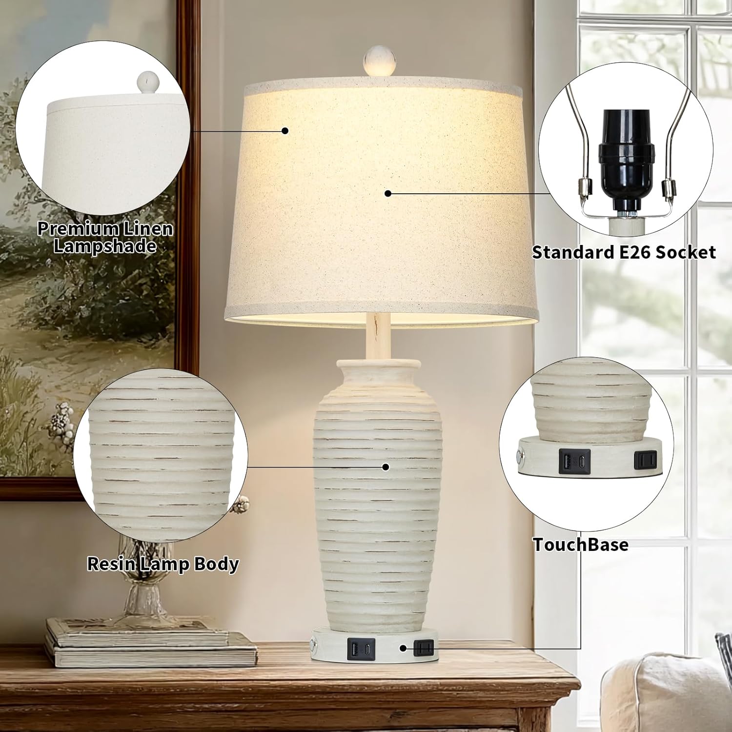CINSARY 25" Retro White Farmhouse Jar Table Lamps Set of 2, 3 Way Touch Control Rustic Bedside Lamps with USB A+C Ports & AC Outlet, Pot…