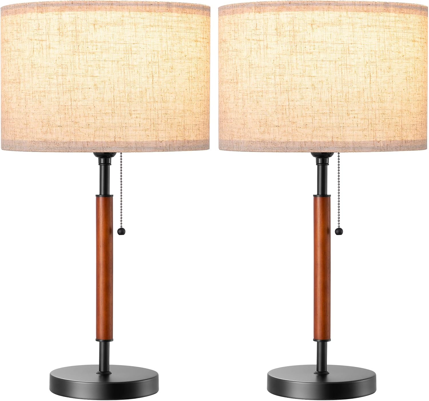 EDISHINE Mid Century Table Lamp Set of 2, Pull Chain Switch Bedside Lamp, Linen Shade, Solid Wood Pole & Black Metal Base, Modern…