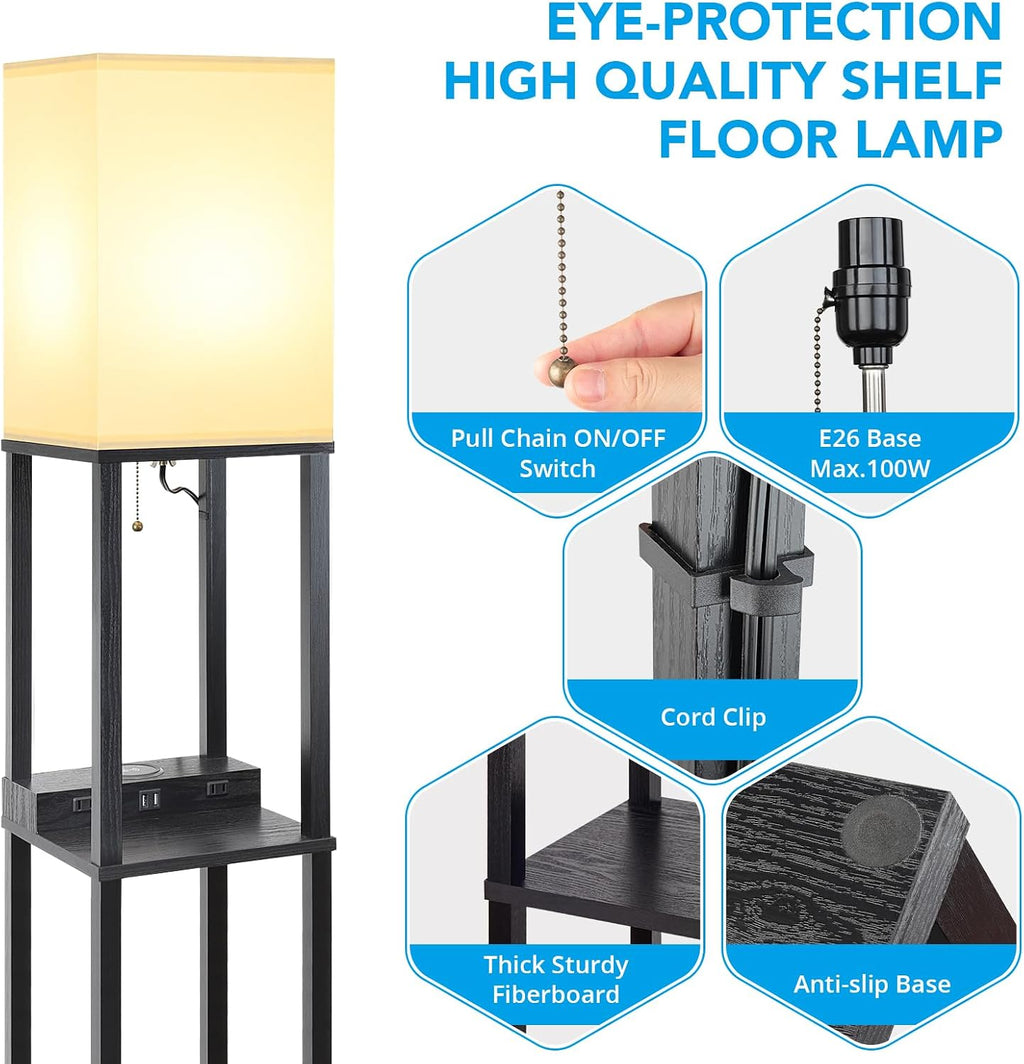 Mlambert Modern Shelf Floor Lamp with Wireless Charger & Fast Charging USB Ports & Type C Port & 2 Power Outlets,3 Tier Storage Lamp for…