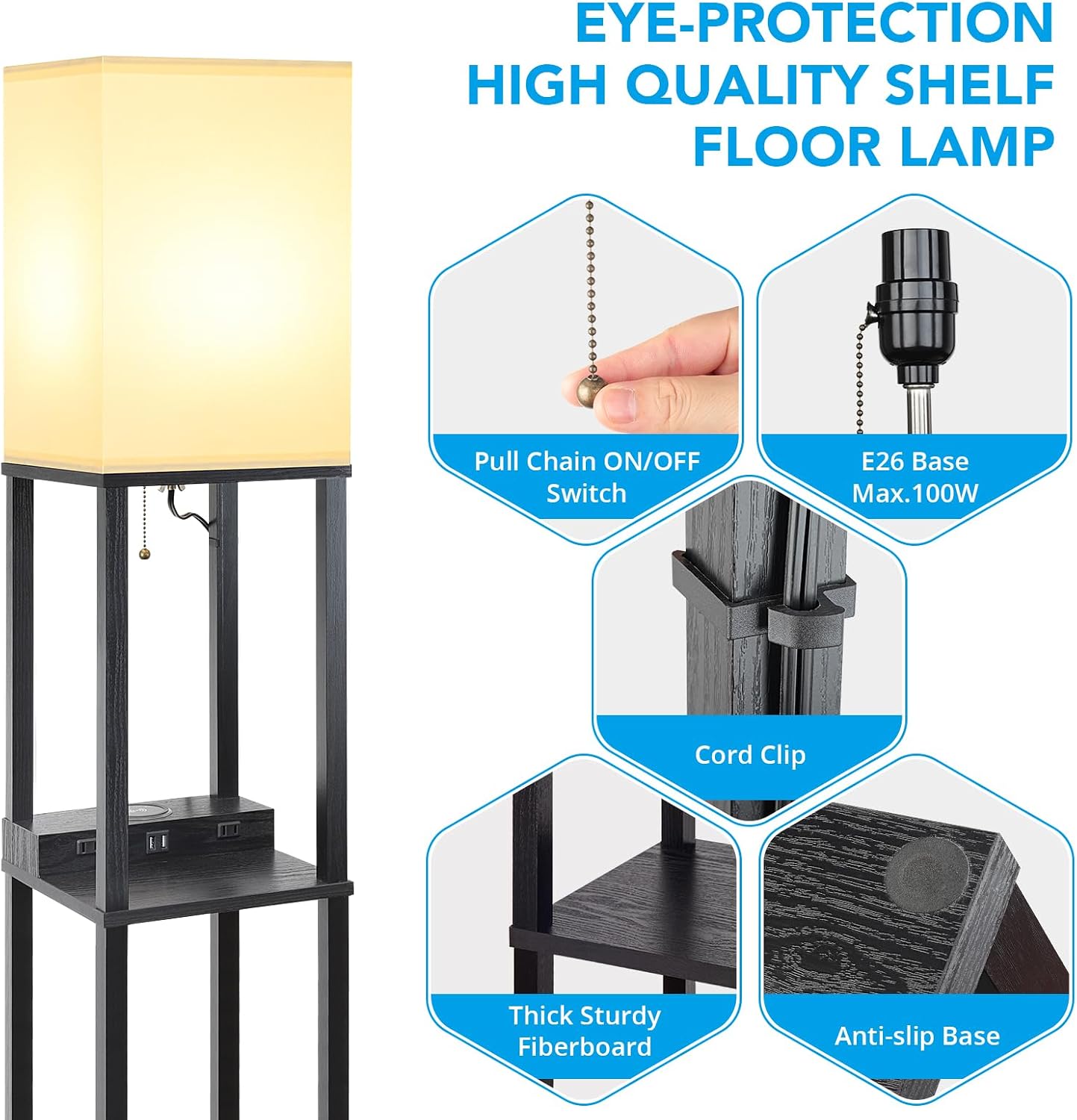 Mlambert Modern Shelf Floor Lamp with Wireless Charger & Fast Charging USB Ports & Type C Port & 2 Power Outlets,3 Tier Storage Lamp for…