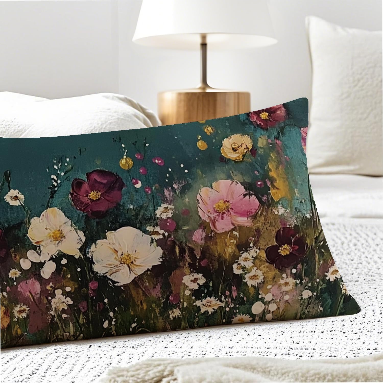 Abstract Retro Wildflowers 20x54 Body Pillow Cover, Floral Room Decor, Botanical Decor, Vintage Dark Cottagecore Flower Aesthetic…