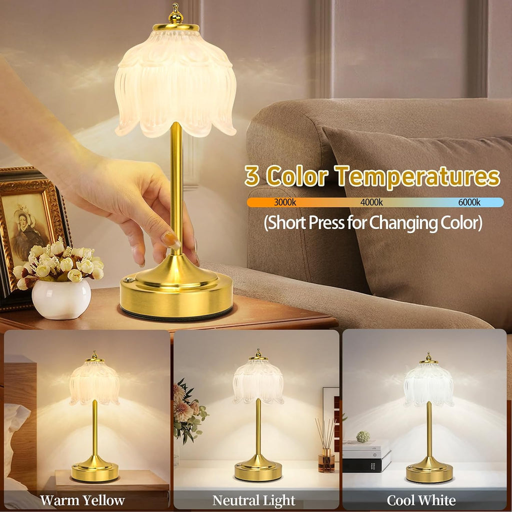 Cordless Lotus Flower Table Lamp, 5200mAh Rechargeable Battery Operated Portable Lamp, 3-Color Dimmable Touch Control Small Desk Lamp for…