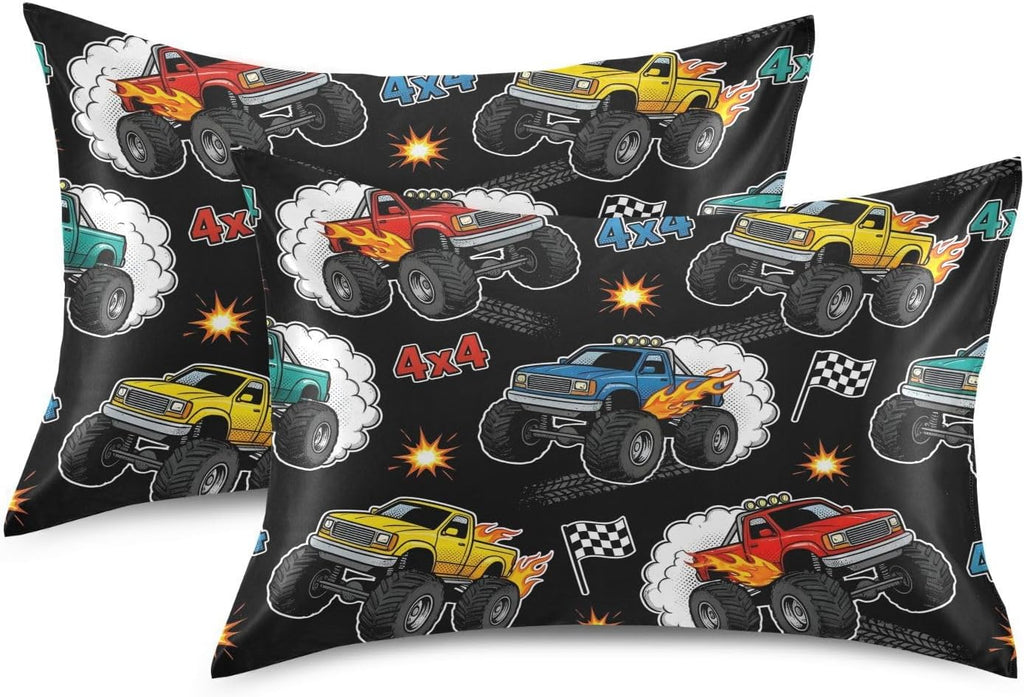 Monster Truck Black Print Pillow Covers Silk Pillowcase for Hair and Skin Soft Breathable Smooth Cooling Satin Pillowcase Standard Size…