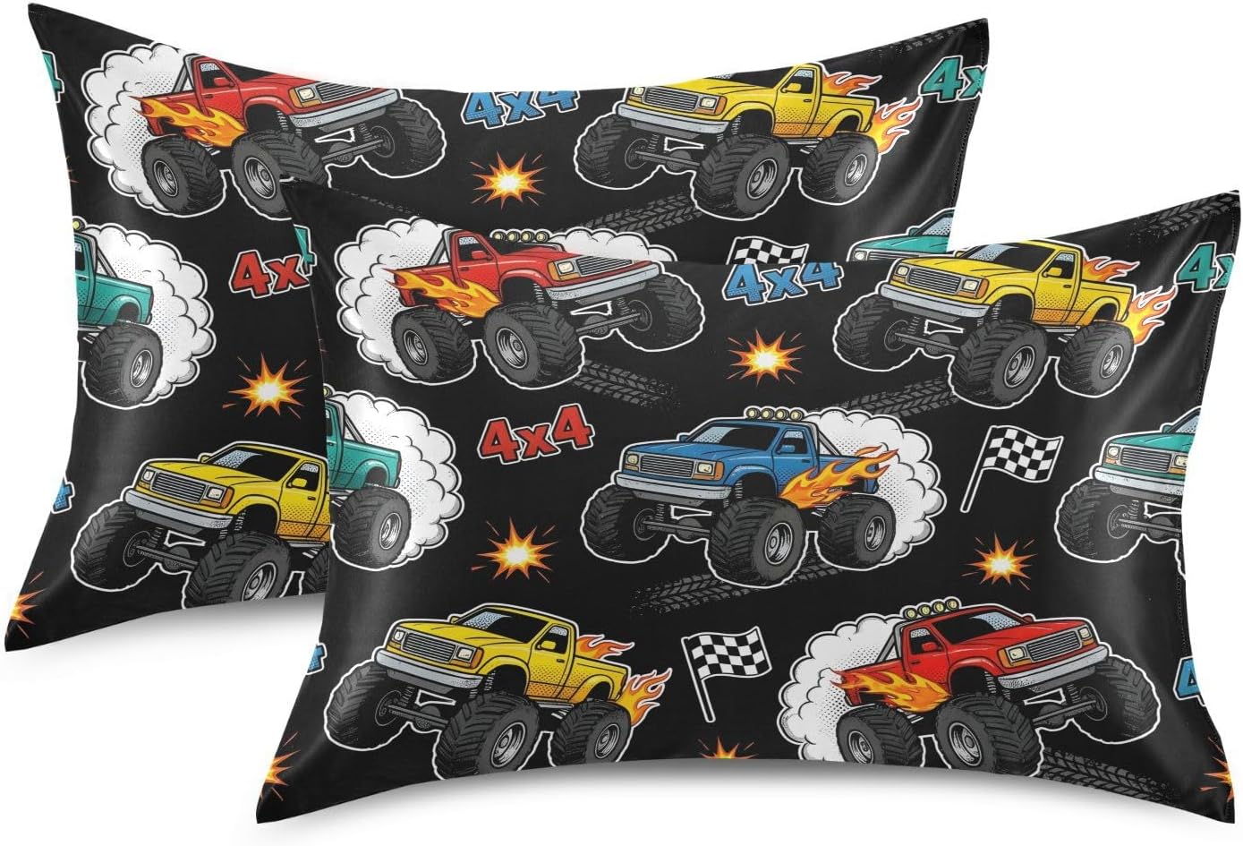 Monster Truck Black Print Pillow Covers Silk Pillowcase for Hair and Skin Soft Breathable Smooth Cooling Satin Pillowcase Queen Size…