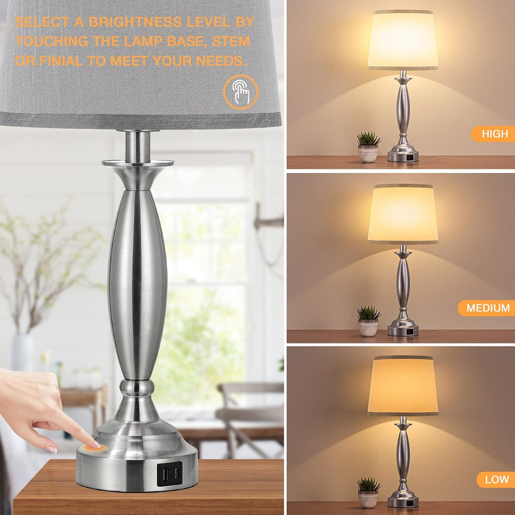 Seealle Lamps for Bedrooms - Touch Control Bedside Lamp with USB C+A, 3 Way Dimmable Nightstand Lamps with USB Port, Brushed Nickel Table…