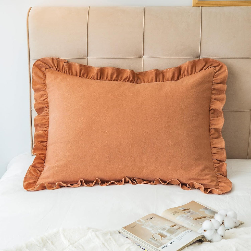 GLORY SEASON Pillow Shams Set of 2 Washed 100% Cotton Retro Ruffle Flounces Trim Solid Beige Decorative Pillow Cases for Home Bedroom…