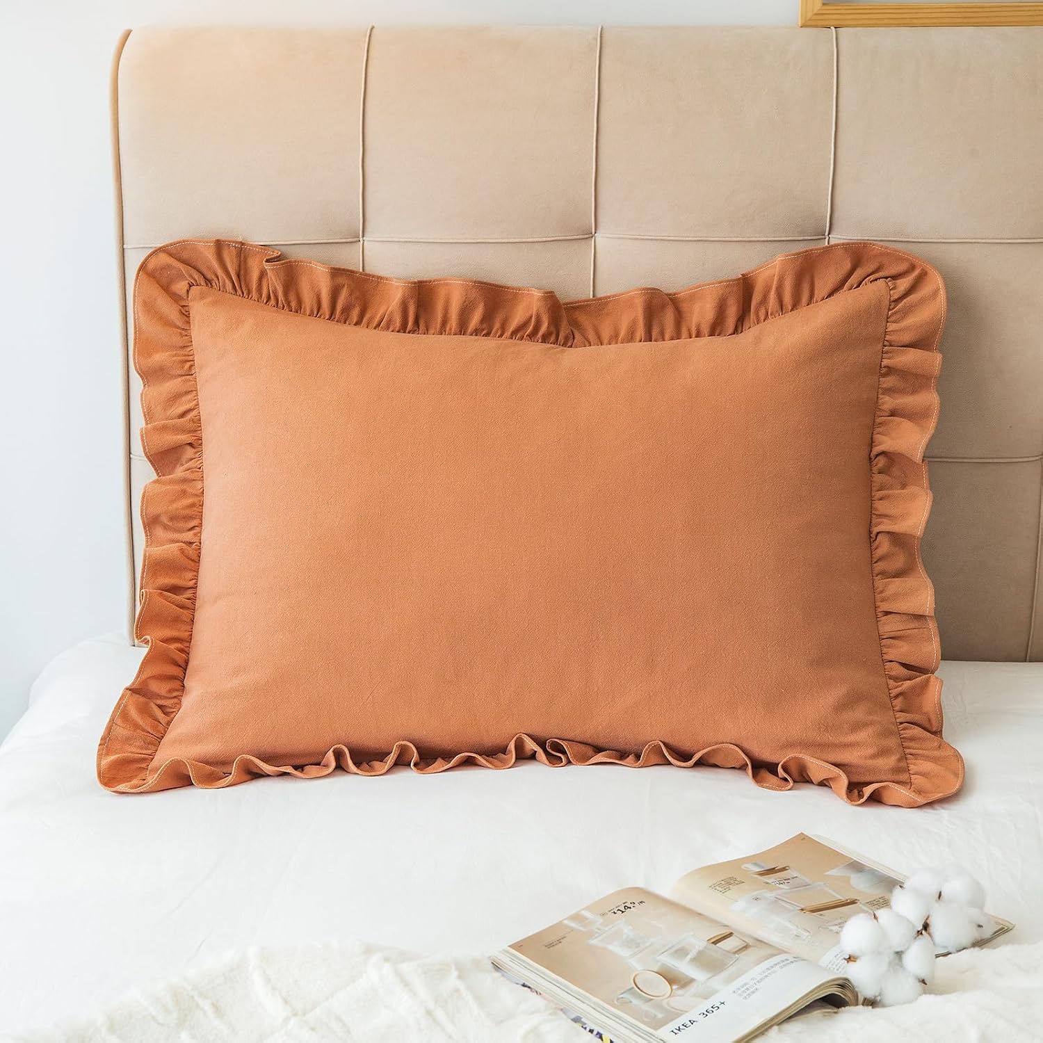 GLORY SEASON Pillow Shams Set of 2 Washed 100% Cotton Retro Ruffle Flounces Trim Solid Beige Decorative Pillow Cases for Home Bedroom…
