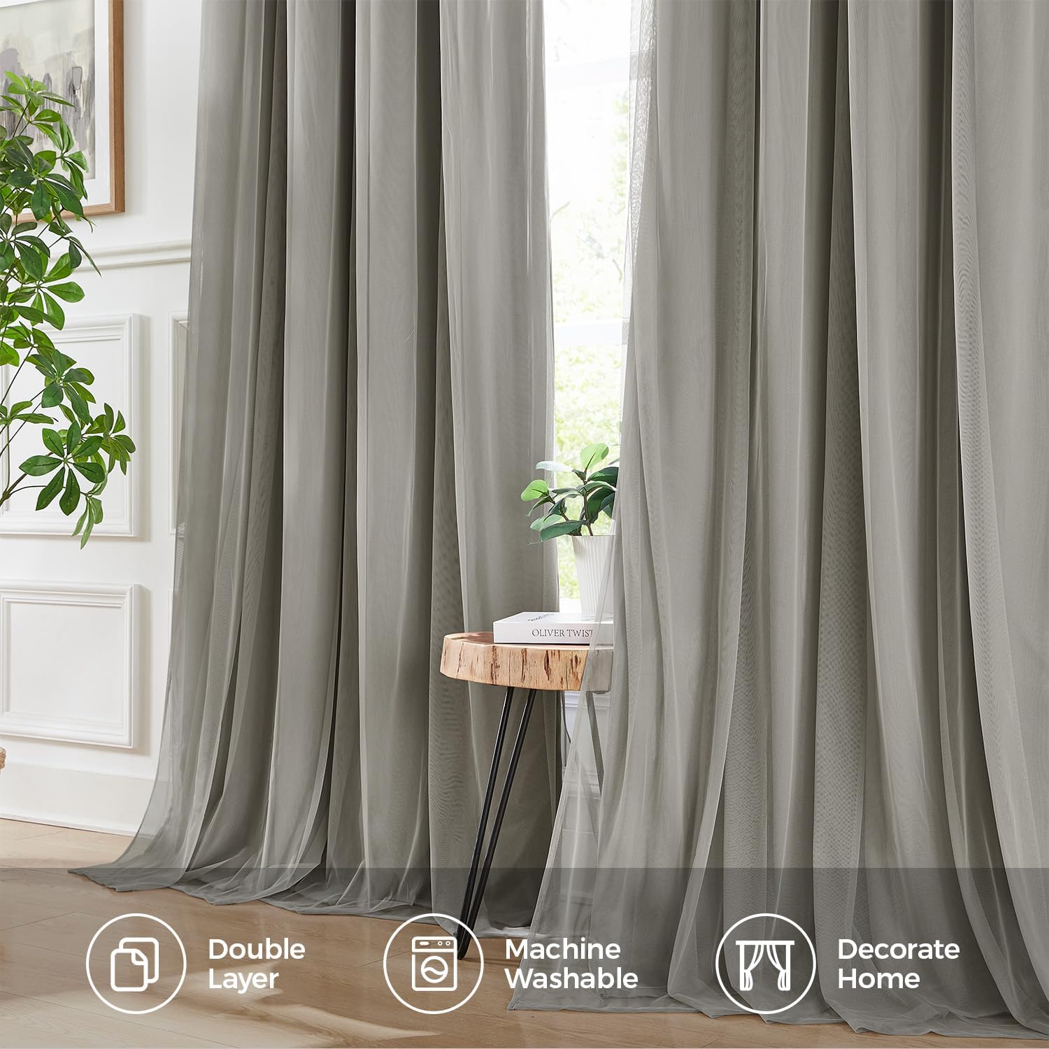 Swandream 100% Blackout Curtains for Bedroom, Double Layer Grey Curtains, Black Out Curtain 84 inch Long with Sheer Overlay for Living Room…