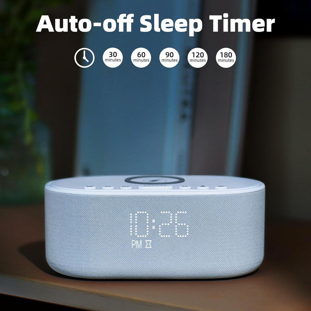 Odokee Sound Machine Alarm Clock Wireless Charger: Bluetooth 10W Stereo Sound Speaker Bedroom - White Noise Machine for Sleeping with 21 So…