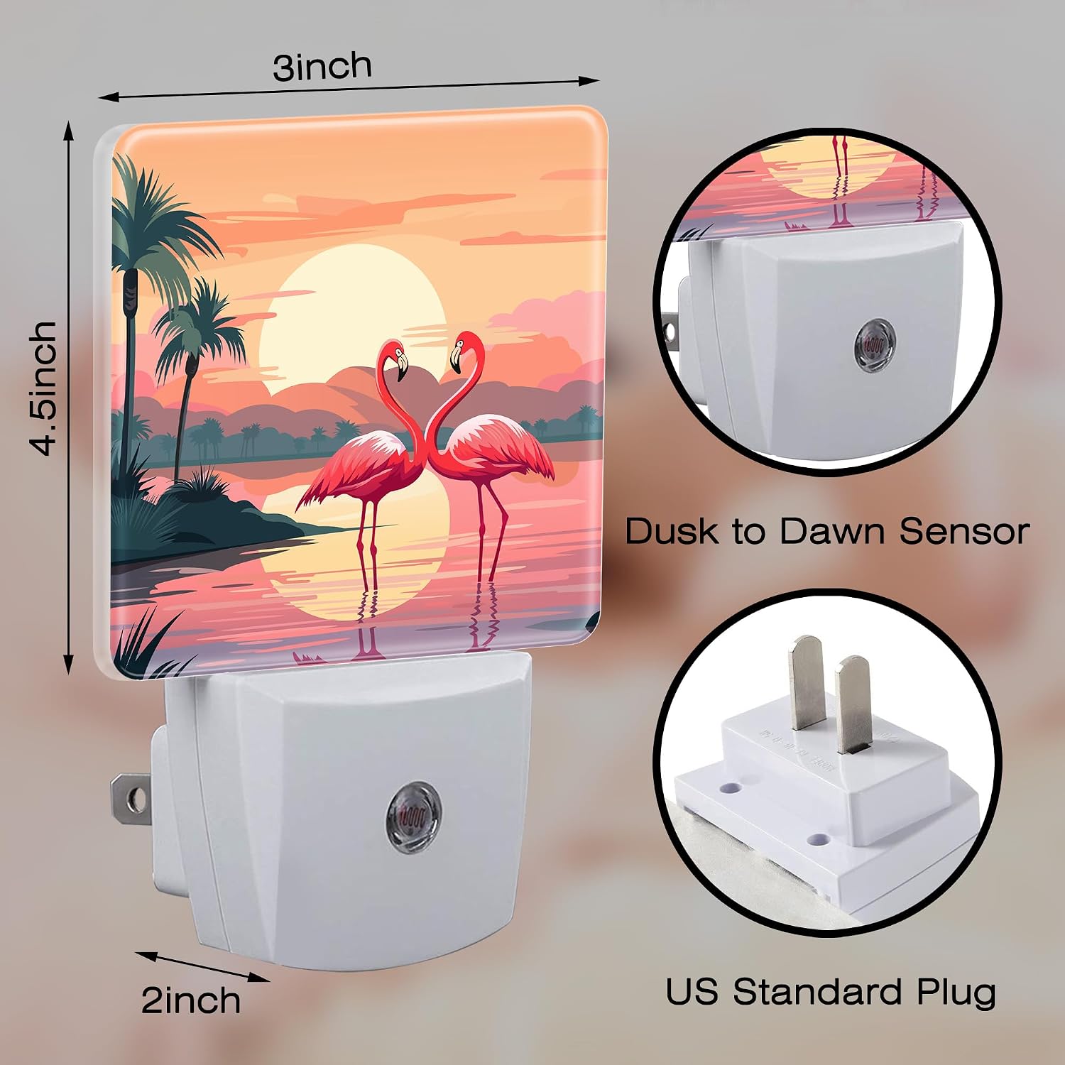 Pink Flamingos at Sunset Night Light for Kids, Summer Beach Tropical Palm Tree Night Light Plug in with Dusk to Dawn Sensor,0.5w Energy…