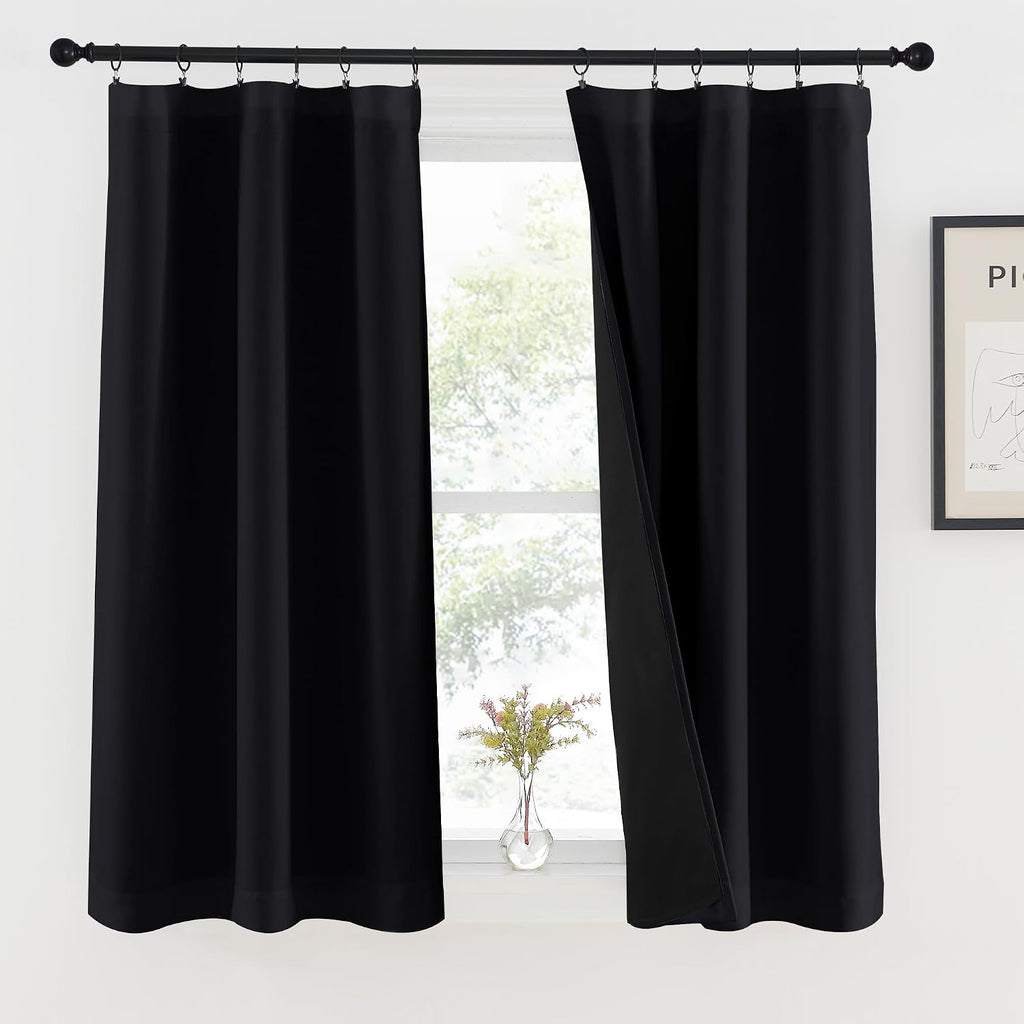 Nicetown Black 100% Blackout Curtains 45 inches Long for Kitchen, Rod Pocket Basement Completely Blackout Window Treatment Thermal Insulate…