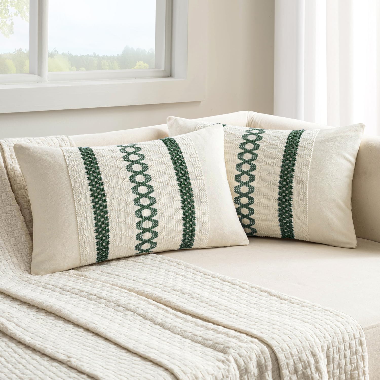 MIULEE Set of 2 Dark Green Boho Christmas Decorative Lumbar Pillow Covers 12x20 Inch Farmhouse Rustic Couch Throw Pillows Modern Cotton…