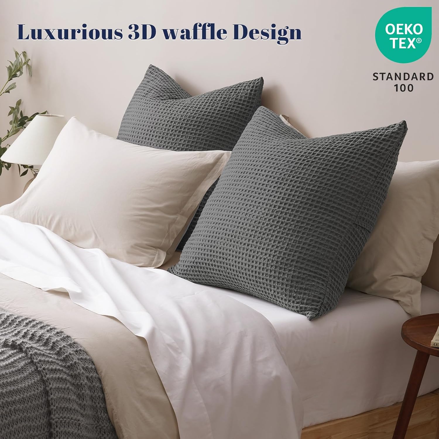 Phf Ultra Soft Waffle Weave Euro Shams Pillow Covers, No Filling, 2 Pack 26" x 26" Bed Cushion Covers, Breathable & Skin-Friendly Bed Pillo…