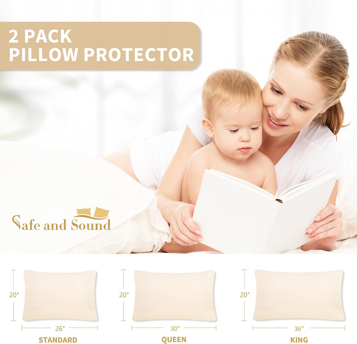 SafeandSound Safe and Sound Zipper Waterproof Pillow Protector, Standard Size Breathable Soft Pillow Cover Case, Zippered Hotel Quality Pil…