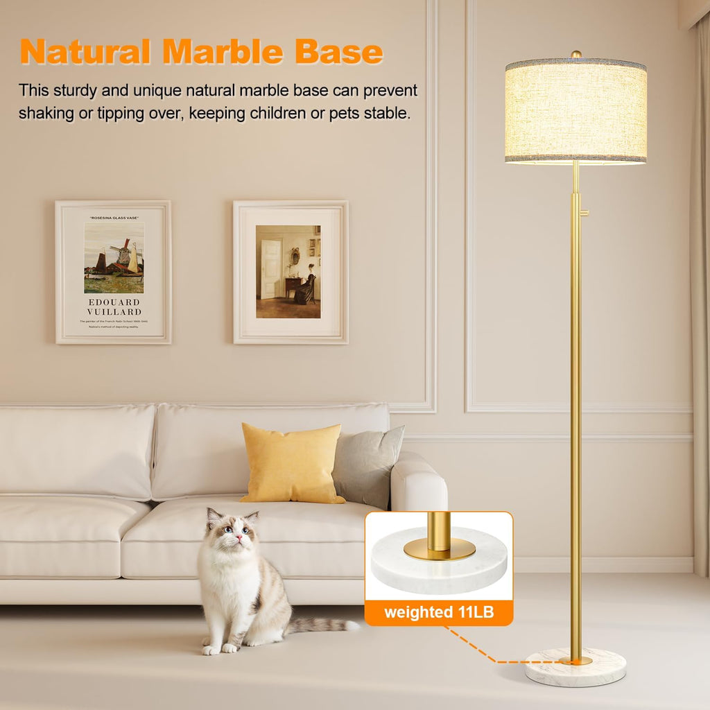 Upgraded】 Dimmable Floor Lamp for Living Room, 11W LED Bulb Included, Modern Standing Lamp with Marble Base, Tall Pole Light with Linen…