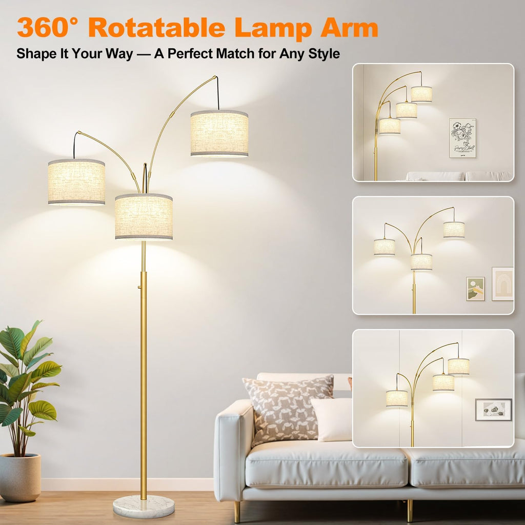Dimmable Floor Lamp - 3 Lights Gold Arc Floor Lamps for Living Room, 1000LM Modern Tall Standing Lamp with White Shade&Marble Base, Mid…