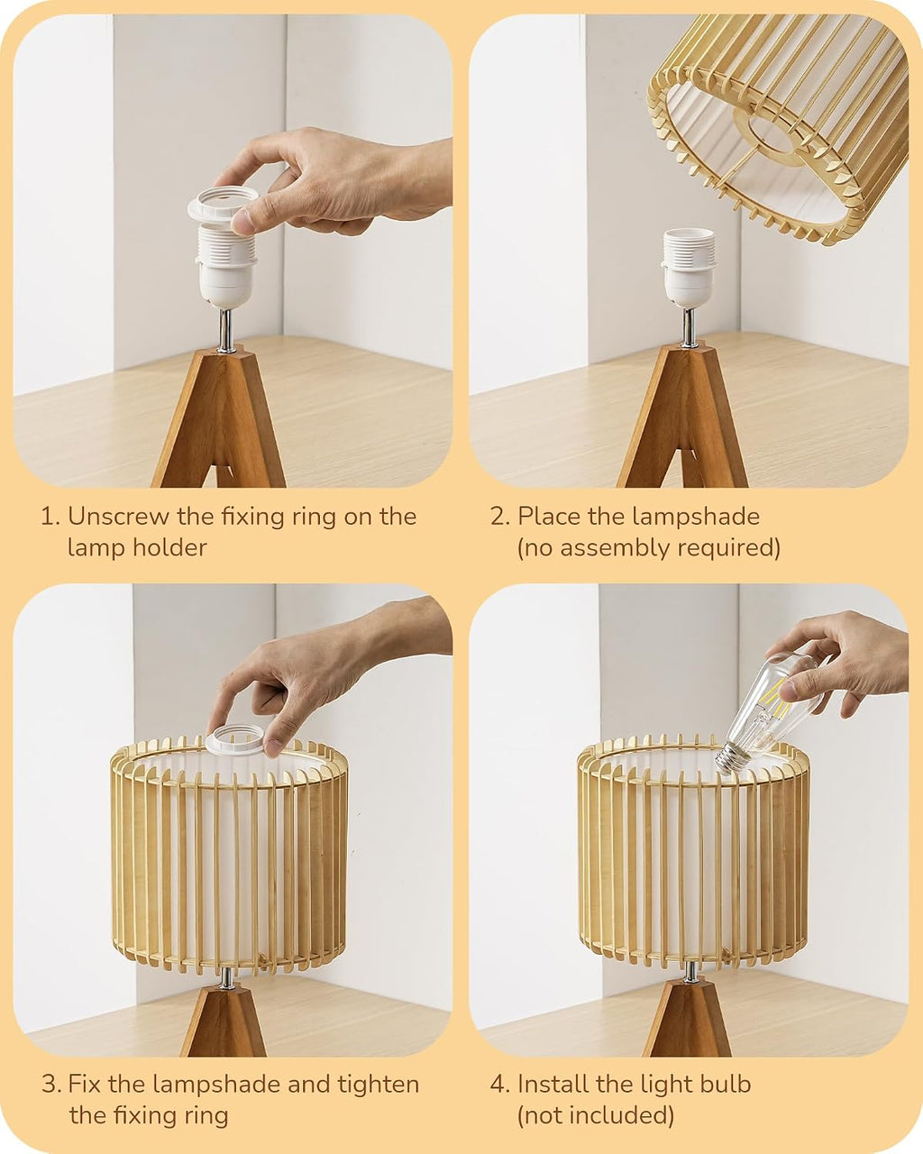 Edishine 14.17" Small Table Lamp, Wood Tripod Bedside Lamp, Natural Wood-Colored Hollow & White PVC Shade, E26 Base, Boho Nightstand Lamp f…