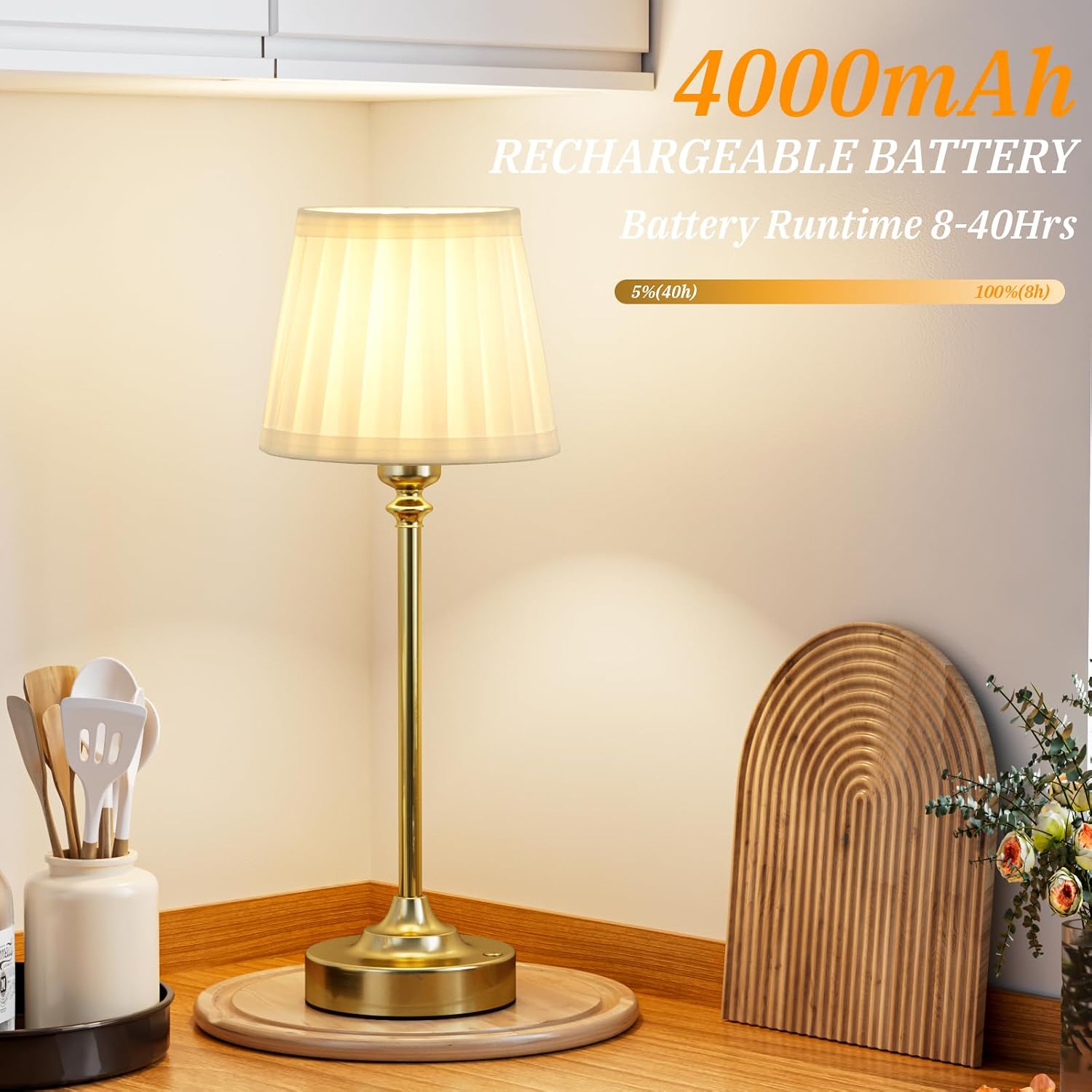 Cordless Table Lamp Rechargeable Gold - 1 Pack Brass 4000mAH Battery Operated Lamp for Decor, 3000K Stepless Dimming Touch Control…