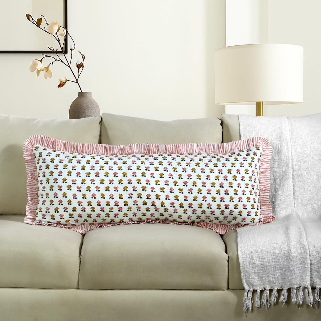 Cottonprintclub CPC Hand Block Print Rosette Bloom Ruffle Sham Pillow Cover 36" x 14" inch Hidden Zipper Decorative Pillowcase for Couch, B…