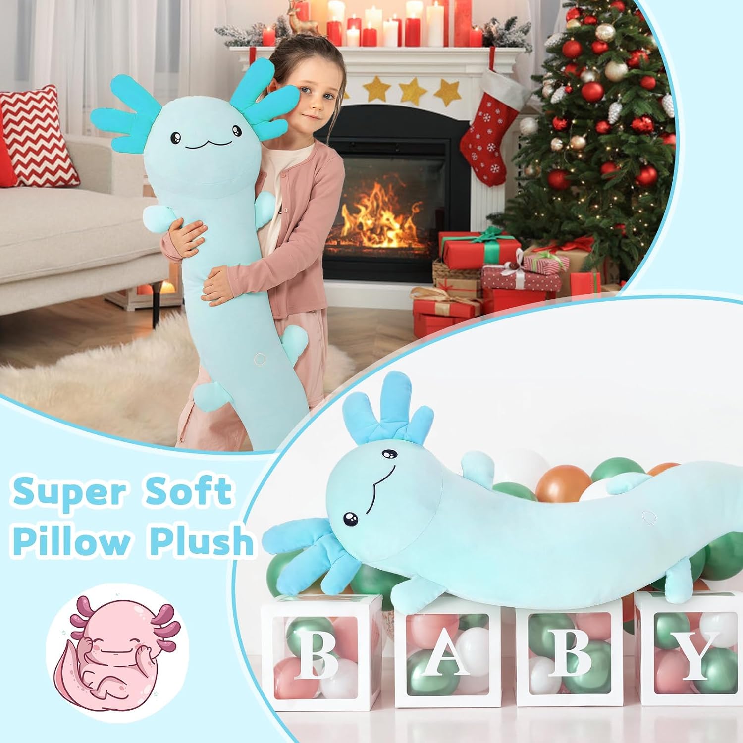 MaoGoLan Giant Axolotl Plush Body Pillow, Big Axolotl Stuffed Animal, XL Salamander Plush Pillow Toy for Kids, Glow in The Dark…