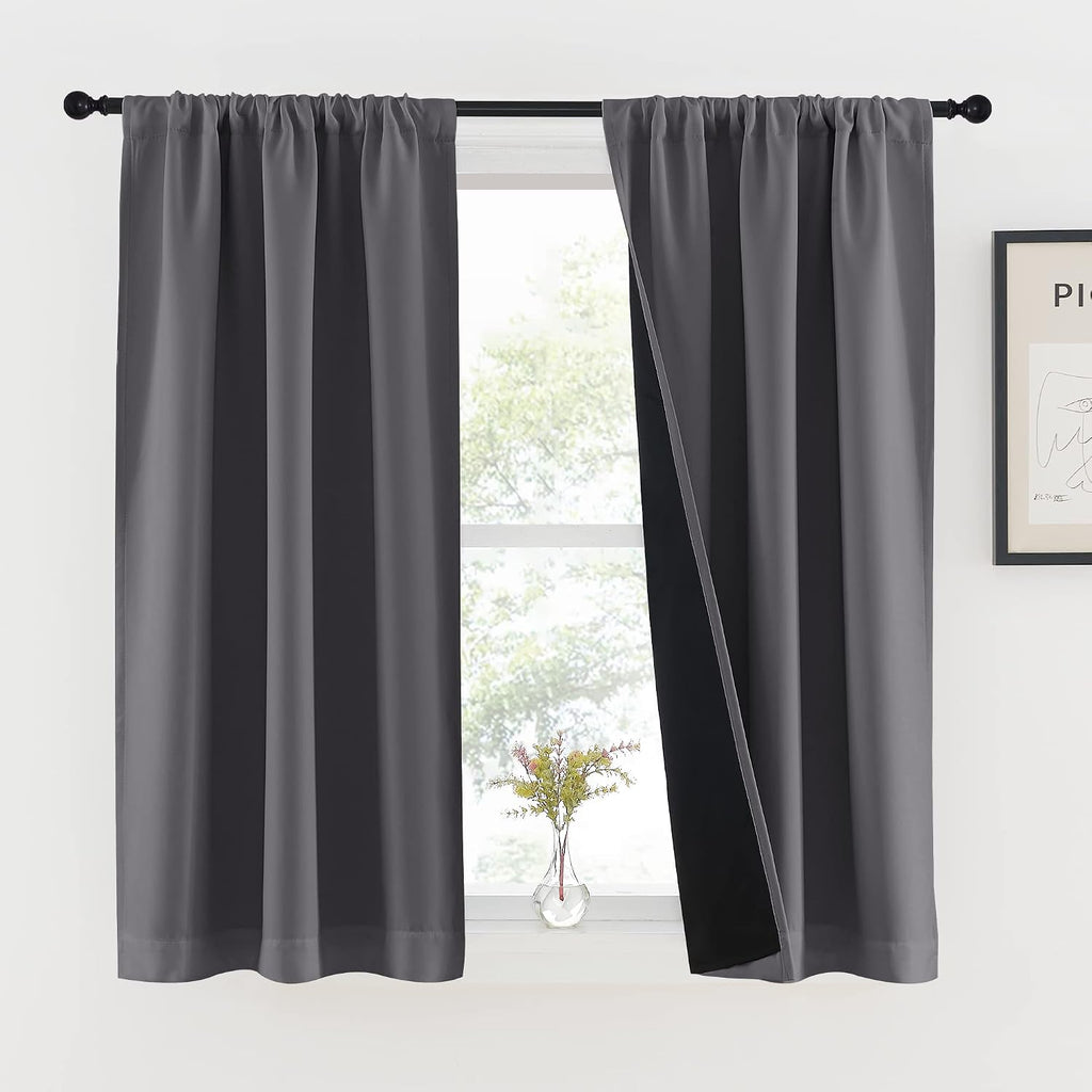 Nicetown Grey 100% Blackout Curtains 45 inches Long for Kitchen, Rod Pocket Basement Completely Blackout Window Treatment Thermal Insulated…
