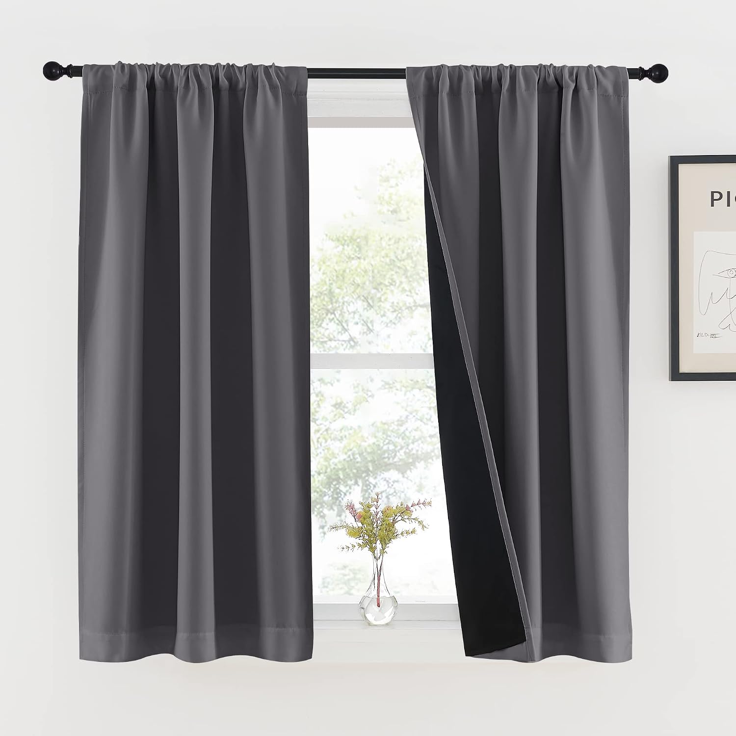 Nicetown Grey 100% Blackout Curtains 45 inches Long for Kitchen, Rod Pocket Basement Completely Blackout Window Treatment Thermal Insulated…