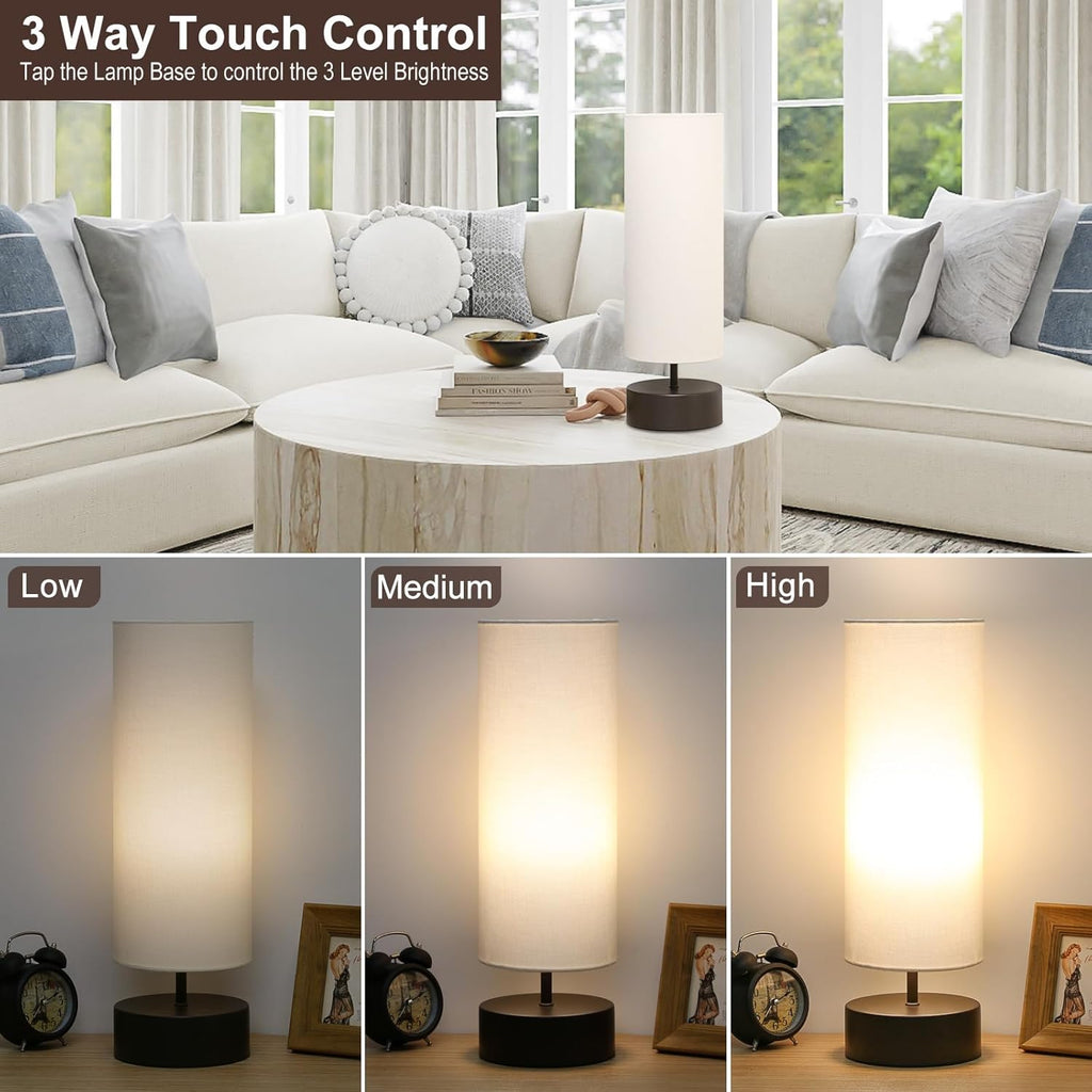 3 Way Dimmable Touch Control Table Lamp, Bedside Table Lamp with Dark Brown Base, Modern Nightstand Lamp with Beige Shade, Simple Night…
