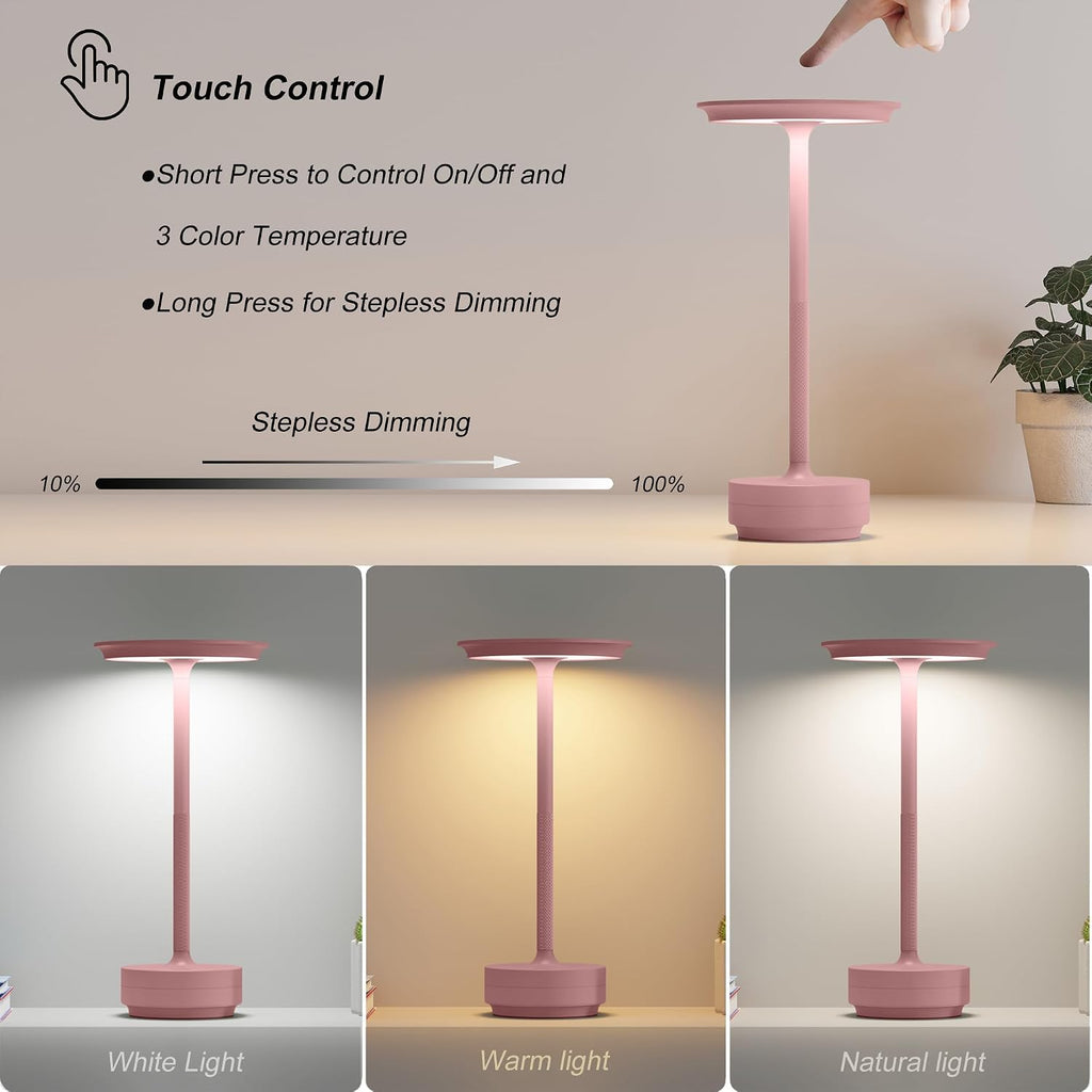 TBBGA 2 Pack Rechargeable Cordless Table Lamps, Portable 5000mAh Outdoor Table Light, 3 Color Stepless Dimming LED Table Lamp with Memory…