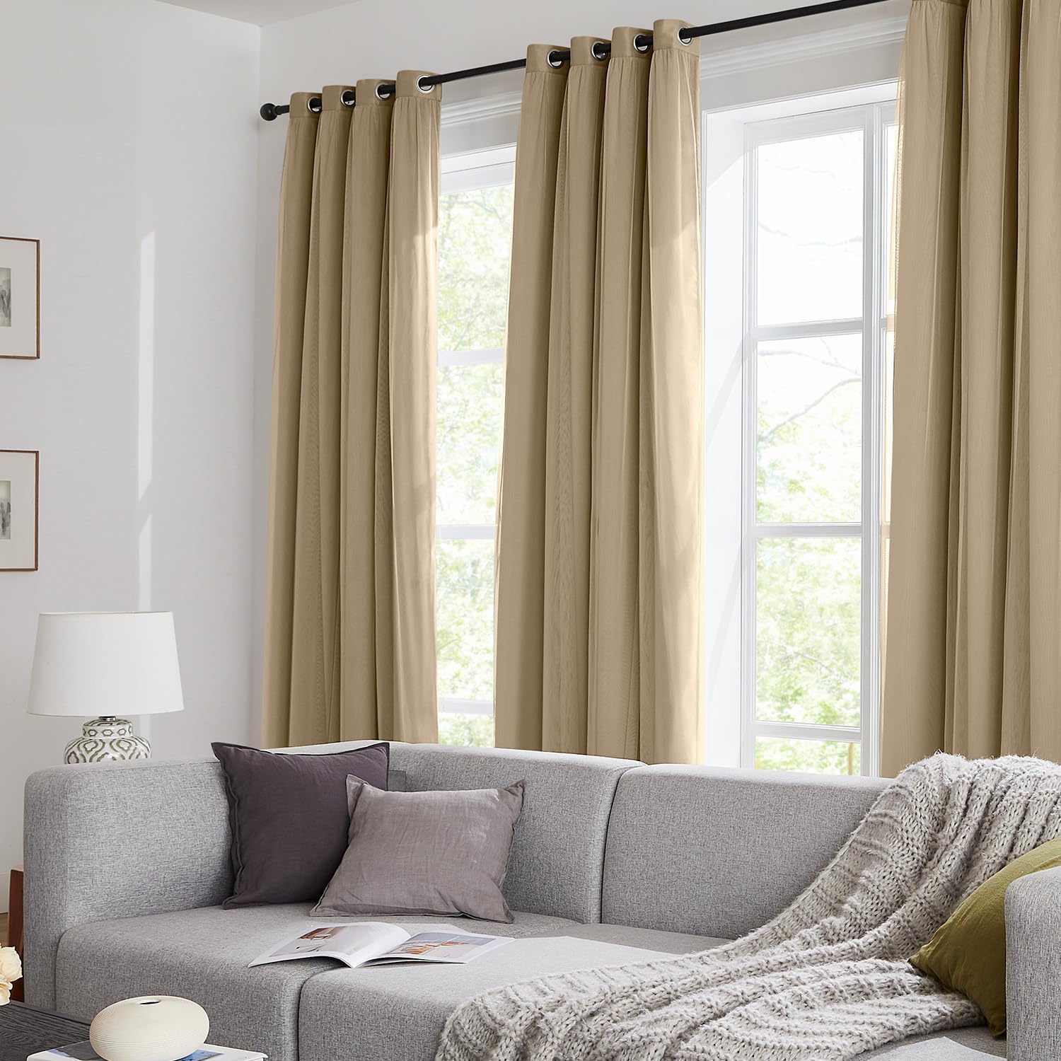 Swandream 100% Blackout Curtains for Bedroom, Double Layer Khaki Curtains, Black Out Curtain 63 inch Long with Sheer Overlay for Living Roo…