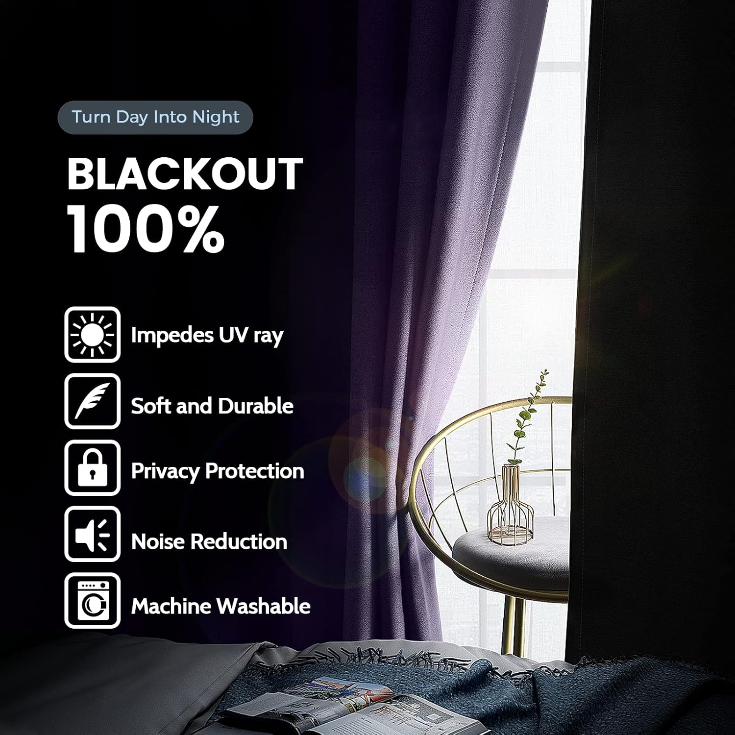 SimpleHome 100% Blackout Curtains for Bedroom, Thermal Insulated Lilac Grommet Window Drapes Room Darkening Curtains for Living Room with Bl…