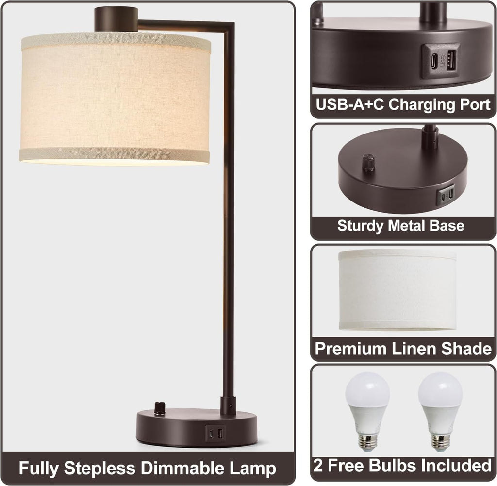 Luvkczc Table Lamp for Bedroom Set of 2 with USB C+A Ports - Fully Stepless Dimmable Bedside Lamp with Linen Lampshade - Contemporary…