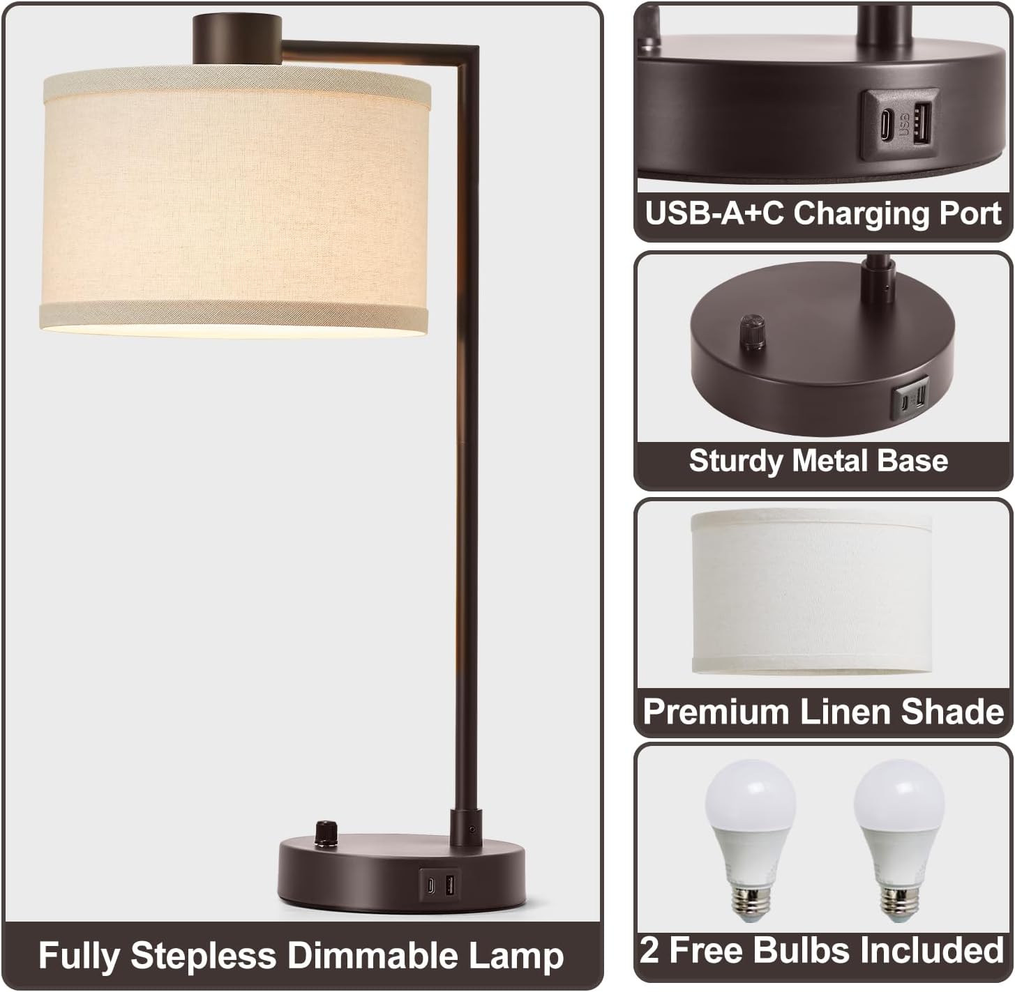 Luvkczc Table Lamp for Bedroom Set of 2 with USB C+A Ports - Fully Stepless Dimmable Bedside Lamp with Linen Lampshade - Contemporary…