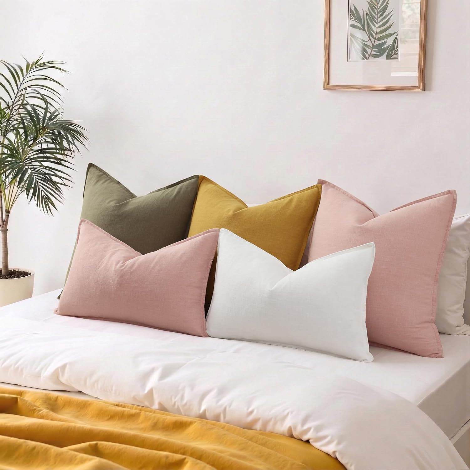 decorUhome Summer Decorative Linen Throw Pillow Covers 12x20 Inch Set of 2 Pink Lumbar Pillow Covers with Flange Edges Soft Farmhouse Boho…