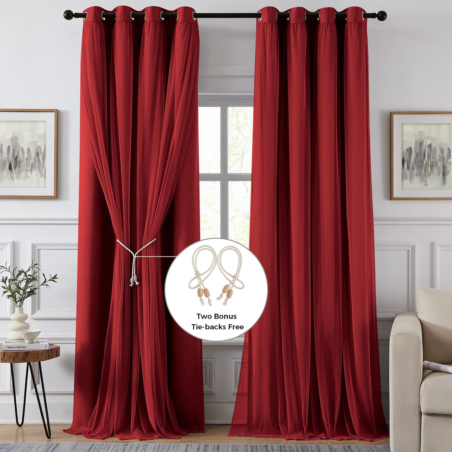 Swandream 100% Blackout Curtains for Bedroom, Double Layer Red Curtains, Black Out Curtain 96 inch Long with Sheer Overlay for Living Room,…