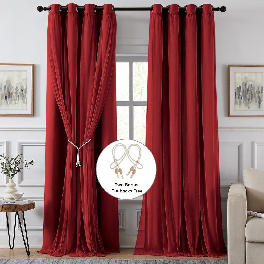 Swandream 100% Blackout Curtains for Bedroom, Double Layer Red Curtains, Black Out Curtain 108 inch Long with Sheer Overlay for Living Room…