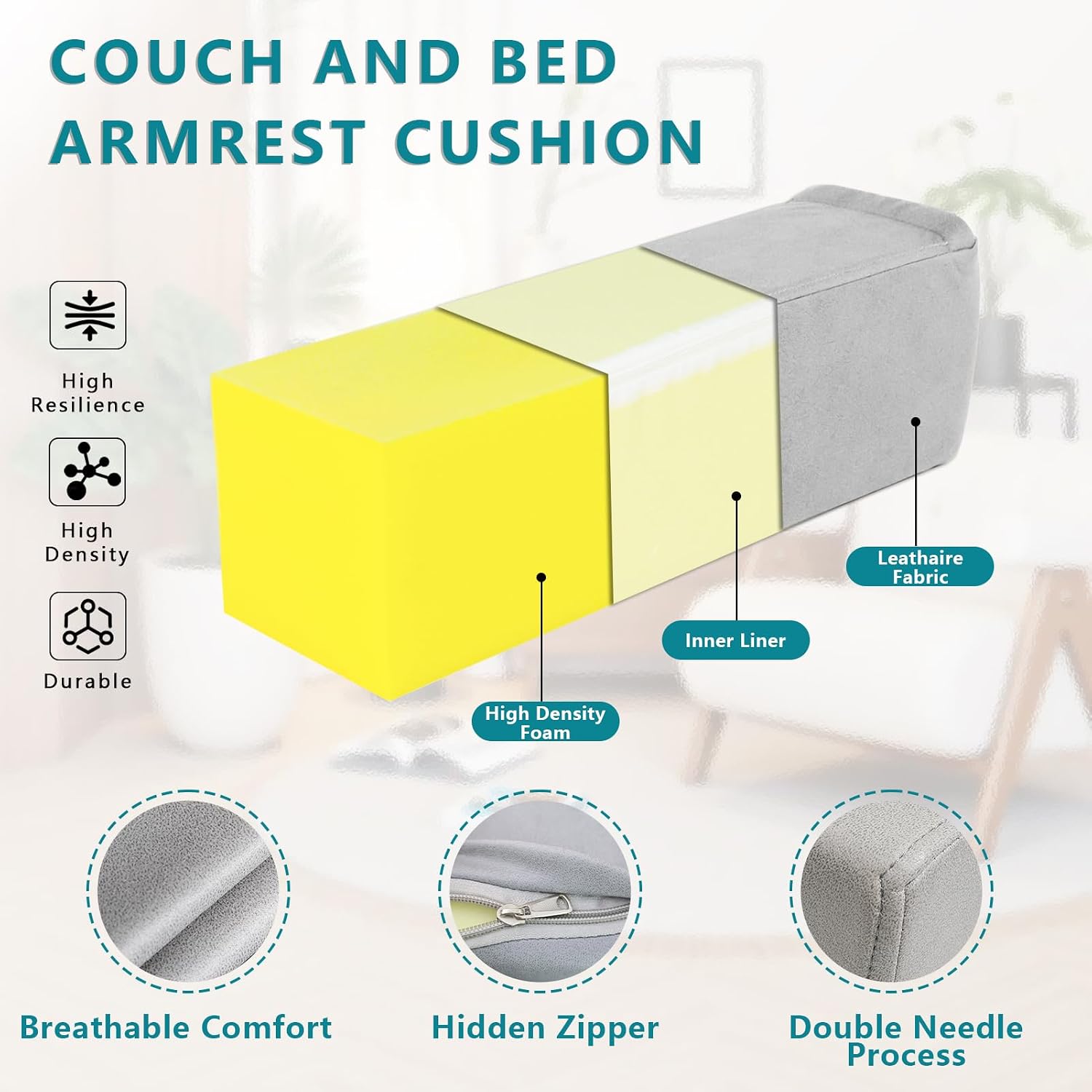 MMuteTouch 2 Pack Couch Arm Rest Pillow, 6''x6''x20'' Faux Leather Waterproof Cover, High Density Foam Armrest Cushion, Removable & Washabl…
