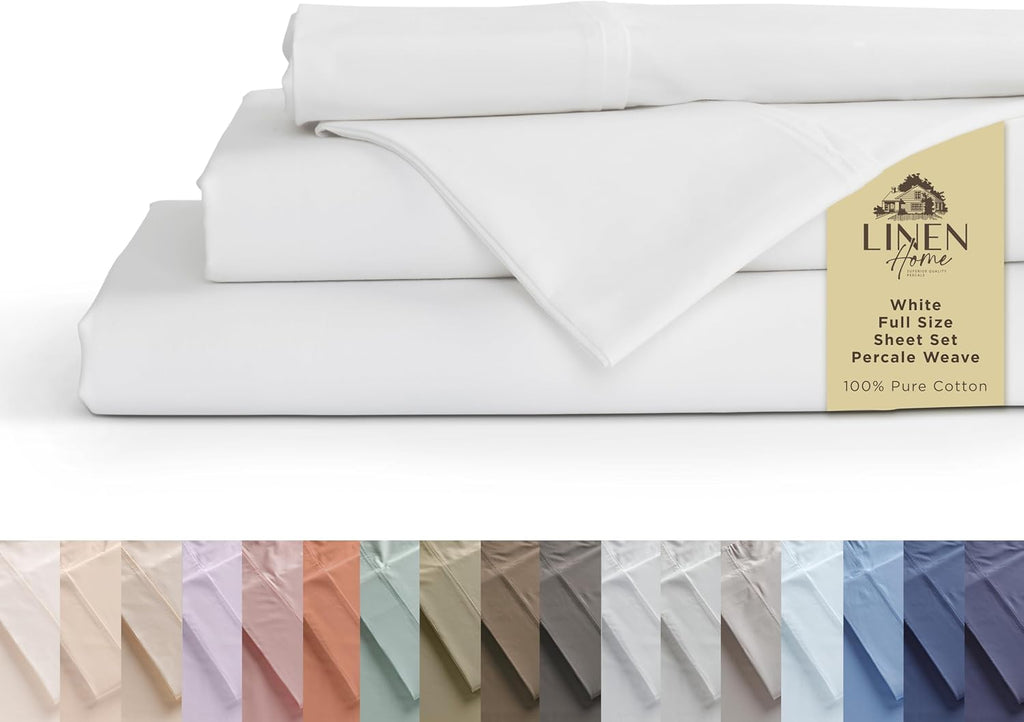 Linen Home 100% Cotton Percale Sheets Full Size, White, Deep Pocket, 4 Pieces Set - 1 Flat, 1 Deep Pocket Fitted Sheet and 2 Pillowcases…