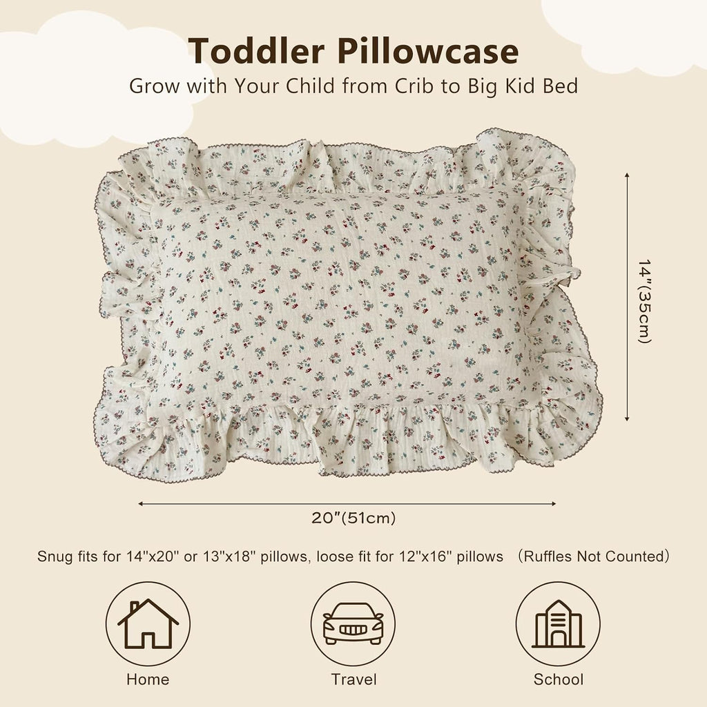 BuLuTu Cute Floral Print Pillowcases for Toddler Girls Boys, 14"x20", 1 pc, 2 Layers Muslin Cotton Pillow Cases for Crib Toddler Bed…
