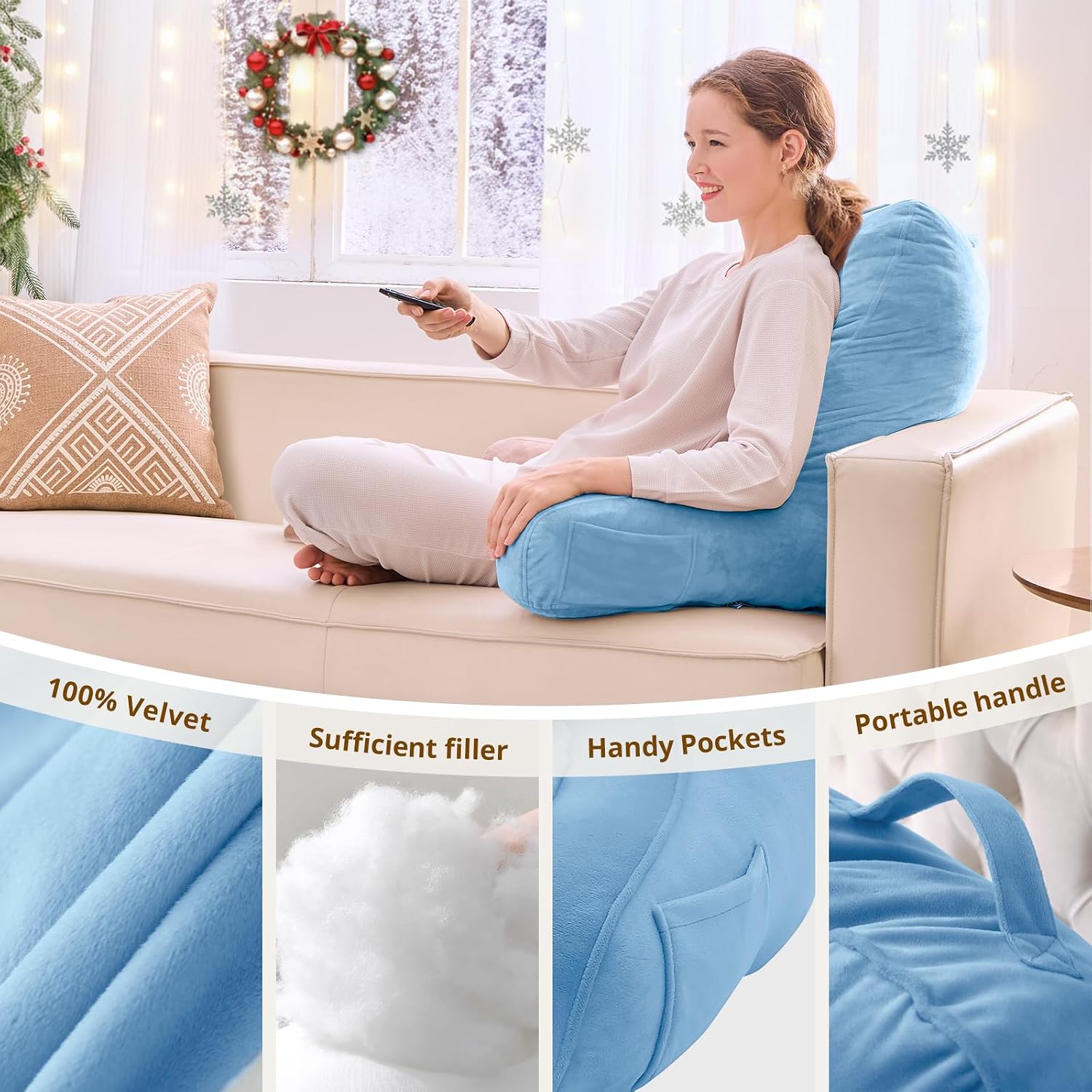 Sasttie Reading Pillow for Bed - 23 Inch, Back Pillow for Bed Sitting Up, Back-Rest Support Cushion with Side Pockets and Arms, Dorm Essent…