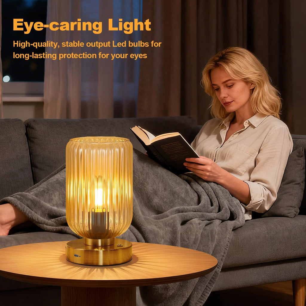 LightRound Table Lamp for Bedroom, Cordless Small Bedside Lamp, Touch Dimmable Rechargeable Lamp Battery Operated with Amber Glass Shades…