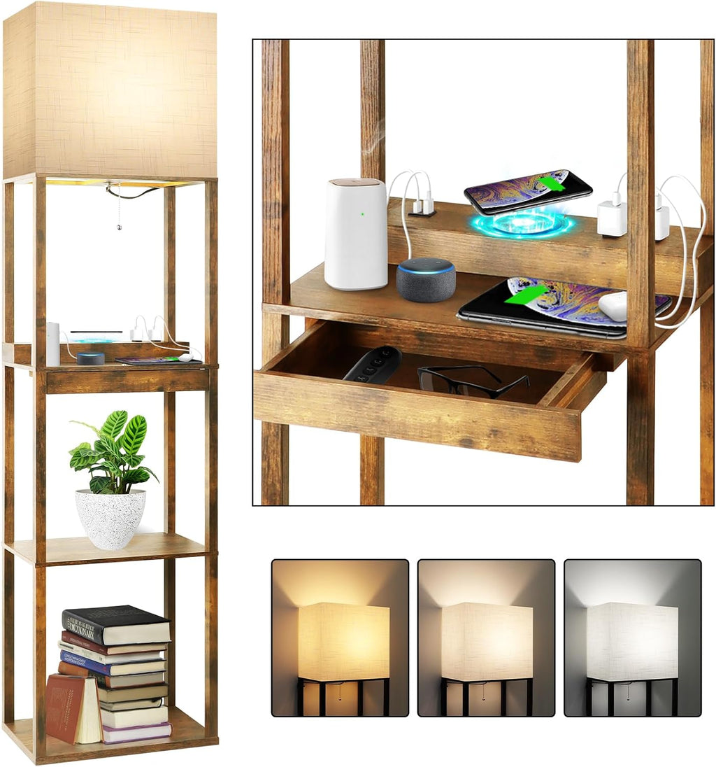 RUNTOP Floor Lamp with Shelves, Plus Shelf Lamp with Wireless Charger, 2 USB Port and Outlet, 1 Drawer, 15W LED Bulb, 3 Colors, Memory…